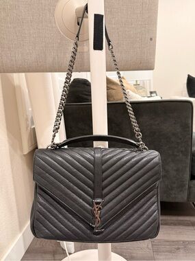 Saint Laurent Black Quilted Chevron Leather Shoulder Bag chain YSL black
